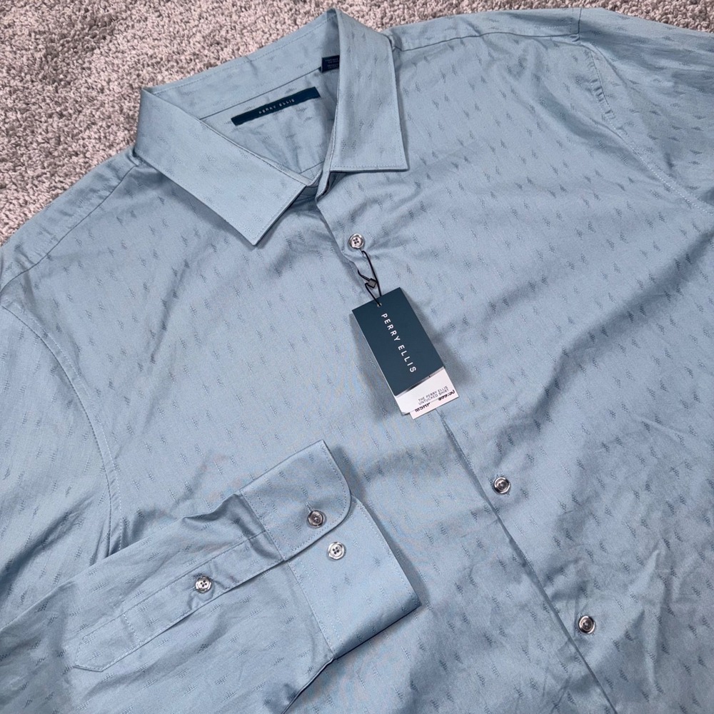 Perry Ellis Untucked Shirt Mens Textured Jacquard Citadel Blue 3XLT NEW